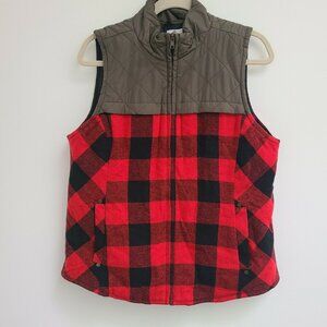 Maurices Womens Large Red Black Buffalo Check Flannel Vest Green Quilted Accent
